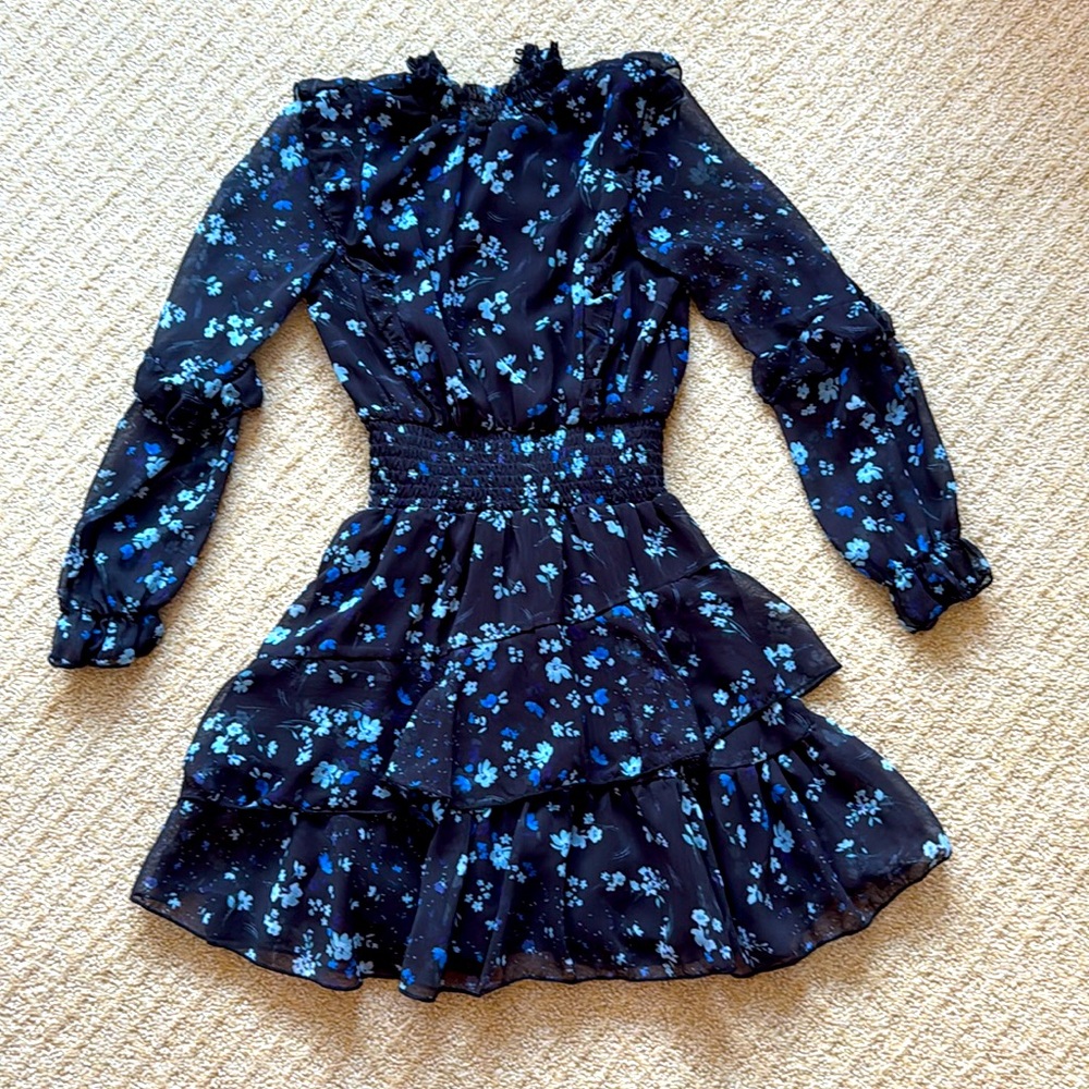 Girls ruffled shoulder sleeves floral dress w/elastic waistband & ruffled skirt